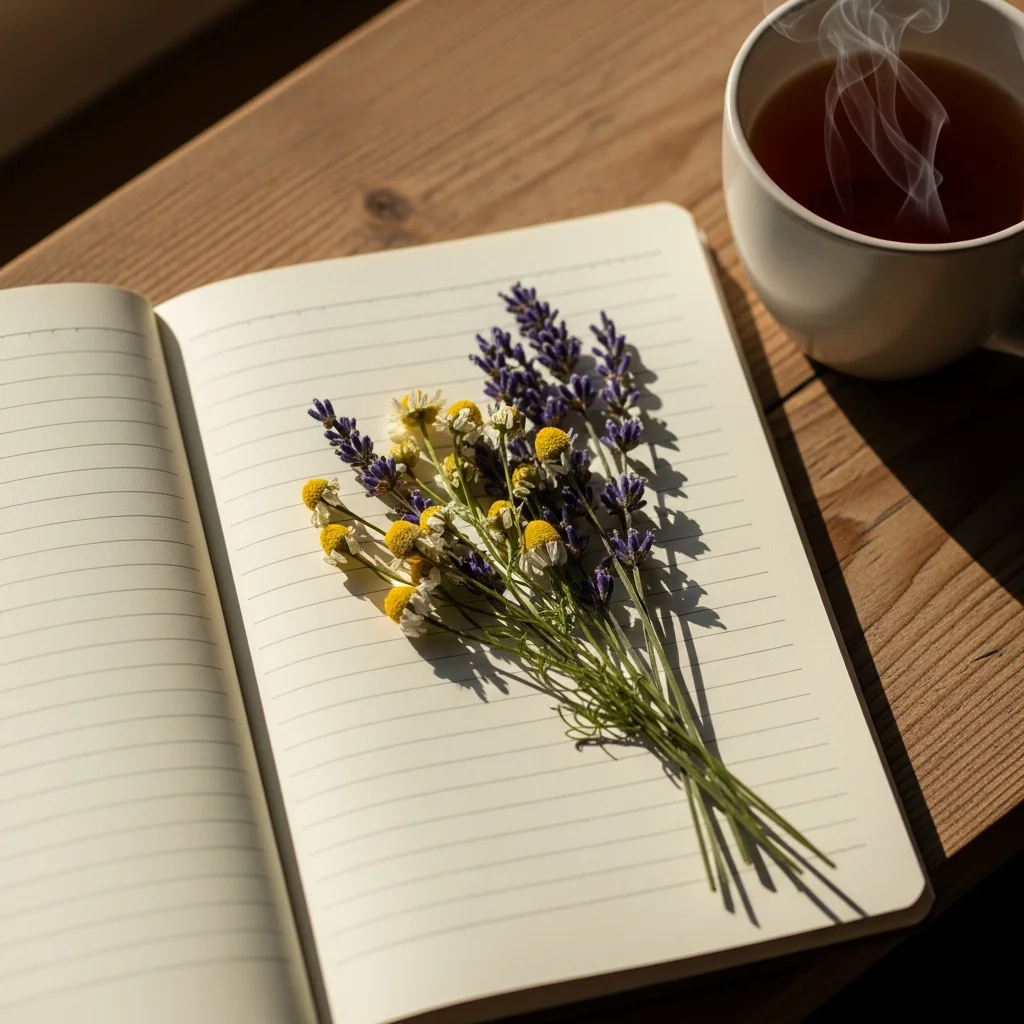 Notizbuch mit getrockneten Wildblumen
