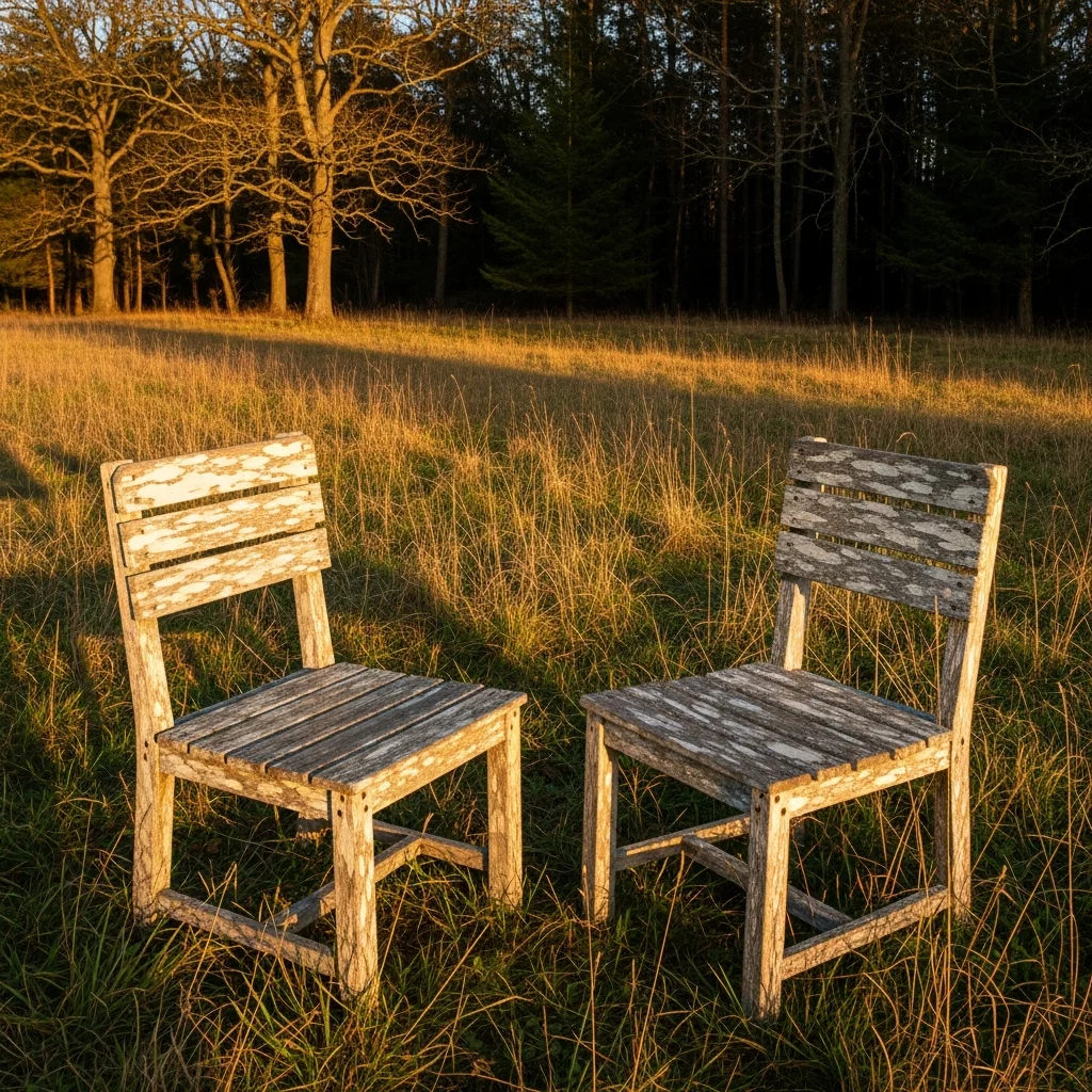 Zwei Holzstühle in sonniger Wiese