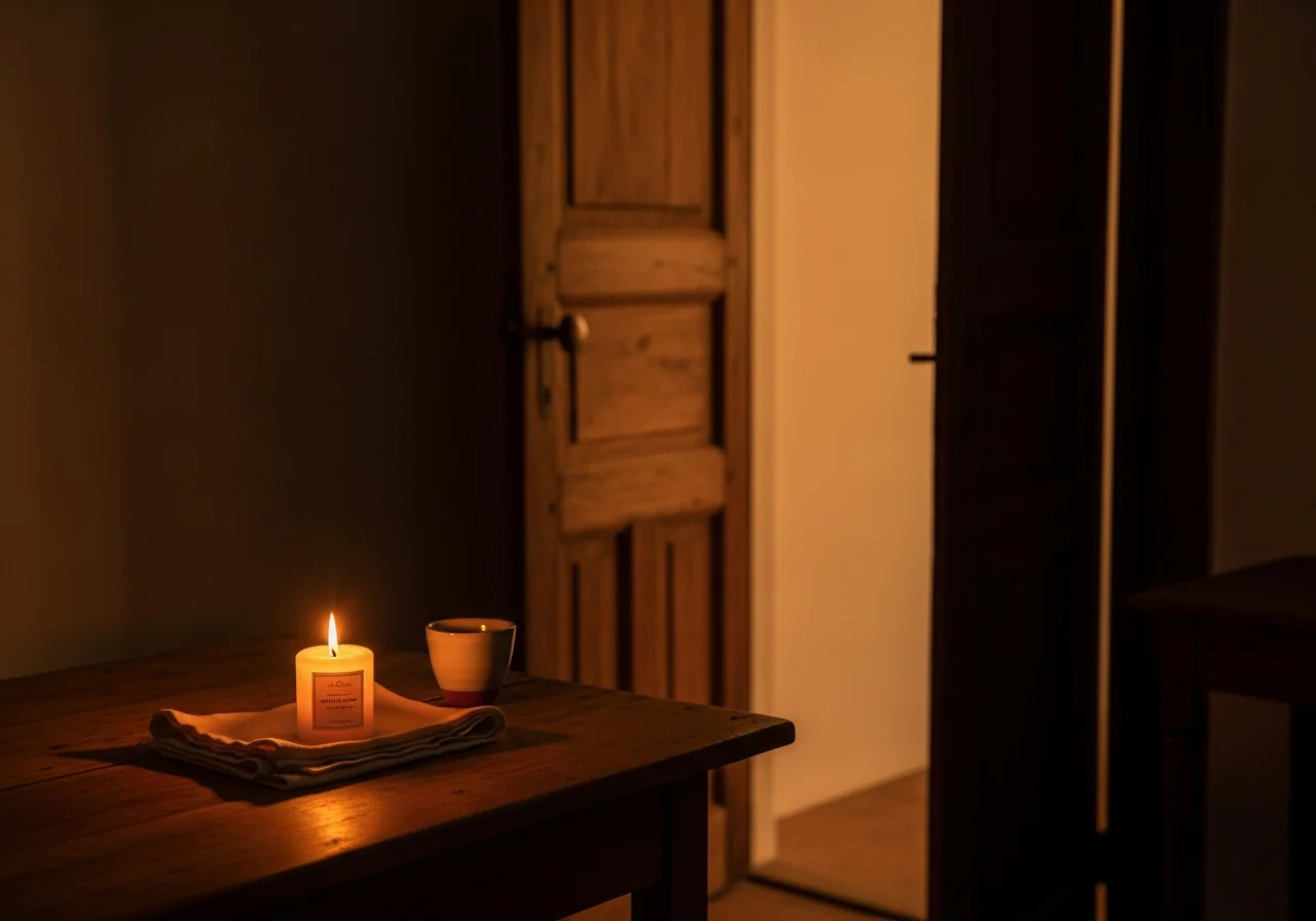 Eine kleine Kerze auf einem Holztisch in der Dämmerung — stille Anwesenheit.