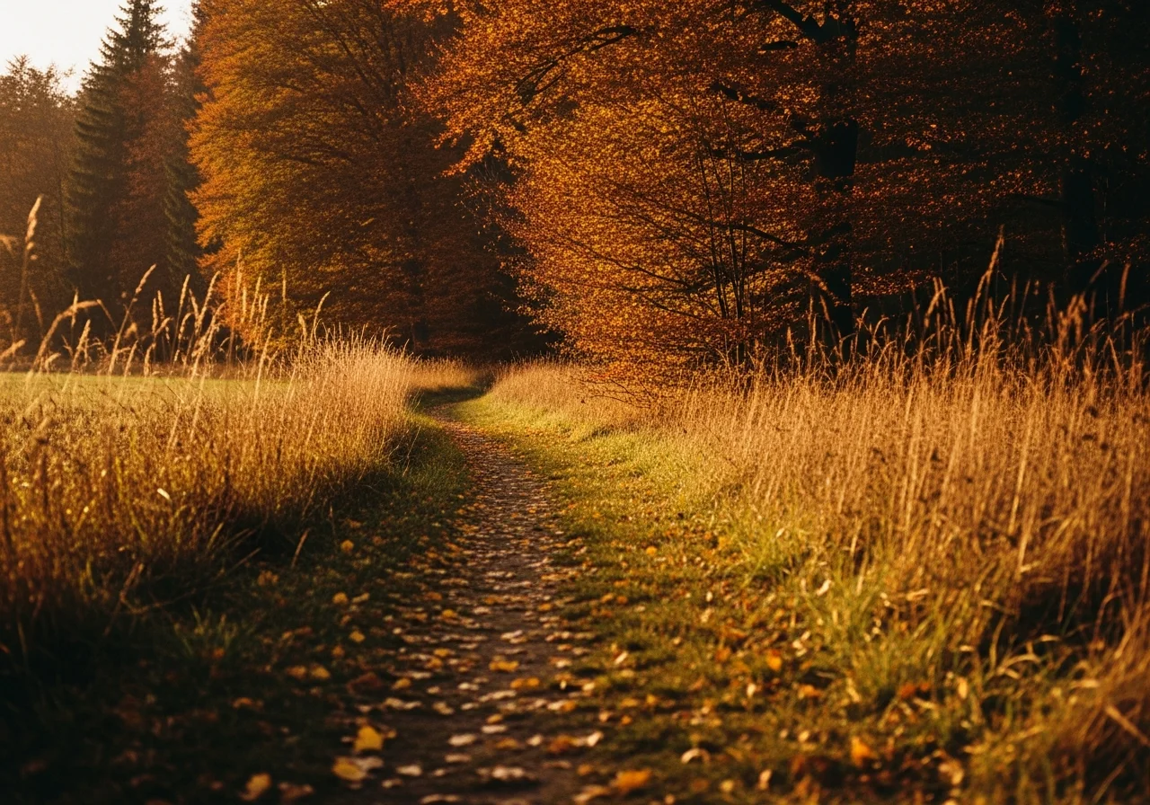 Ein weicher Pfad durch eine herbstliche Wiese am Waldrand im warmen Abendlicht.
